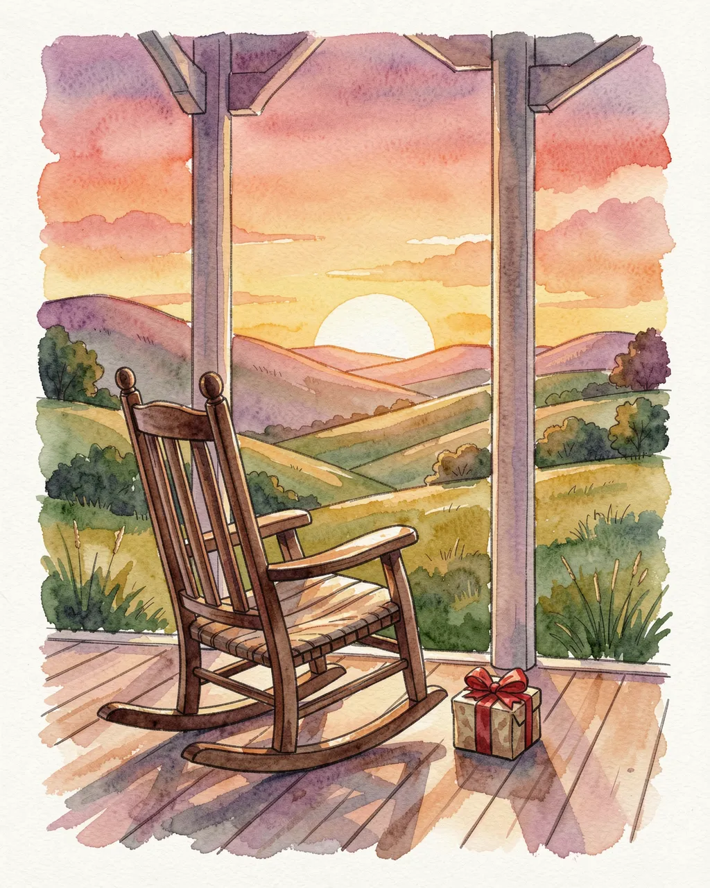Wooden porch rocking chair with a wrapped gift overlooking a sunset over rolling hills