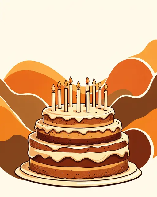 Vintage illustrated layered birthday cake with lit candles against wavy orange and brown retro shapes, with empty space above