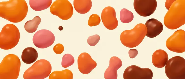 Smooth rounded bubbly blobs in tangerine, rose, and cocoa float gently on a soft cream background