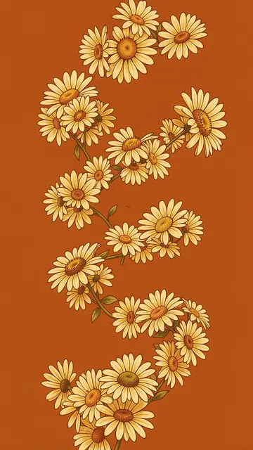 A wavy chain of cream daisies curls vertically across a solid burnt orange background
