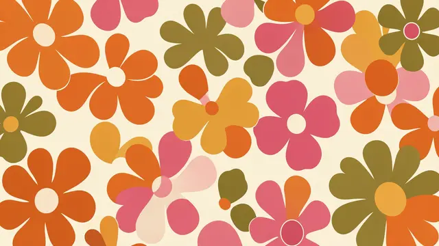 Seamless retro 1970s stylized flower pattern in orange, pink, olive on a cream background