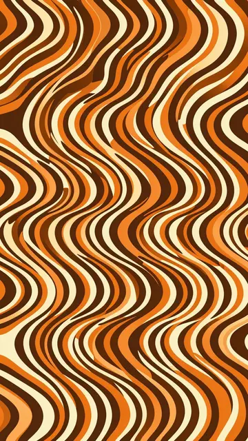 Vertical wavy op-art pattern in warm brown, orange, and cream tones with flowing water-like curves