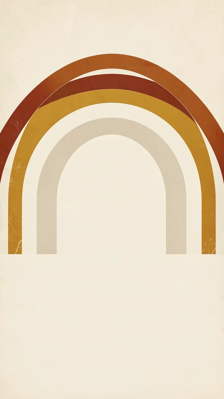 A vertical boho rainbow arc in rust, mustard and cream sits at the top of a plain beige background with empty space below.
