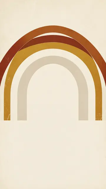 A vertical boho rainbow arc in rust, mustard and cream sits at the top of a plain beige background with empty space below.