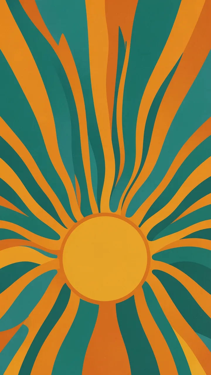 Vertical illustrated retro sunburst design with wavy orange rays on a teal background