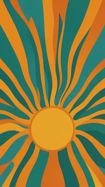 Vertical illustrated retro sunburst design with wavy orange rays on a teal background