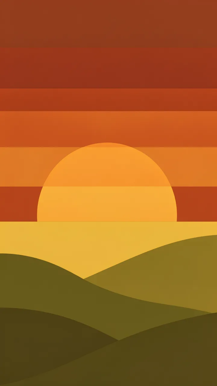 Stylized flat retro sunset with stacked warm sky bands above rolling olive hills