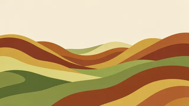 Flat retro illustration of layered wavy hills in warm 70s tones below a cream sky