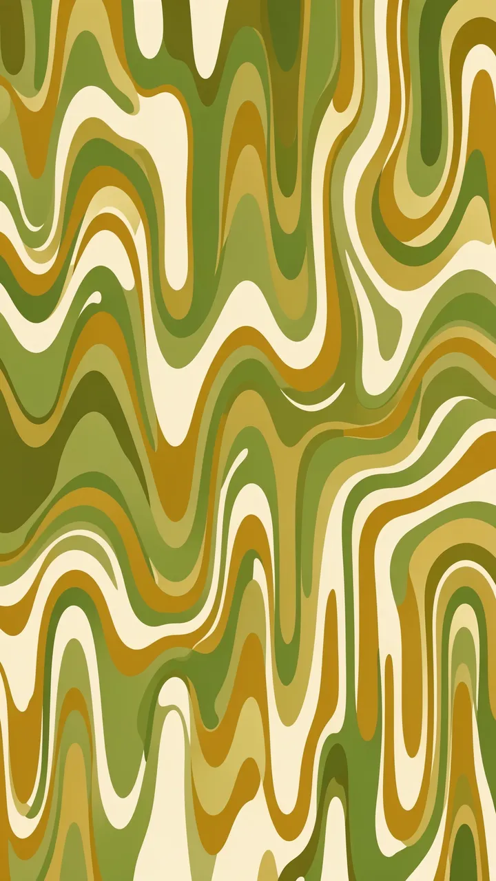 Vertical abstract pattern of wavy melting lines in avocado green, mustard and cream retro 1970s hues