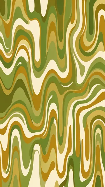 Vertical abstract pattern of wavy melting lines in avocado green, mustard and cream retro 1970s hues