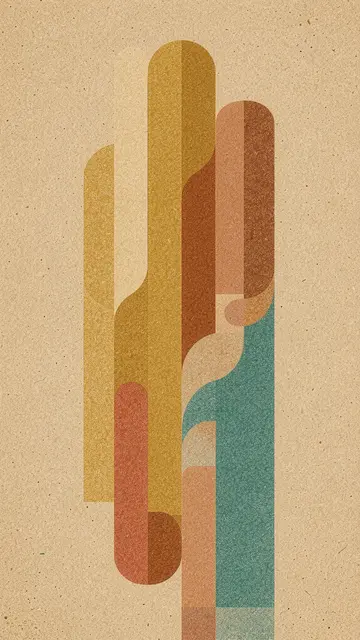 Grainy vertical abstract memphis-style shapes in mustard, terracotta and teal on a sand-toned background