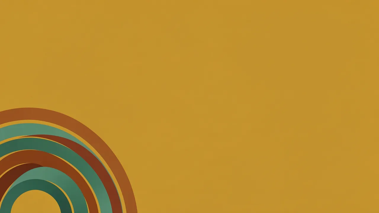 Concentric retro curved arcs in rust and teal sit at the bottom left of a mustard field with empty upper space