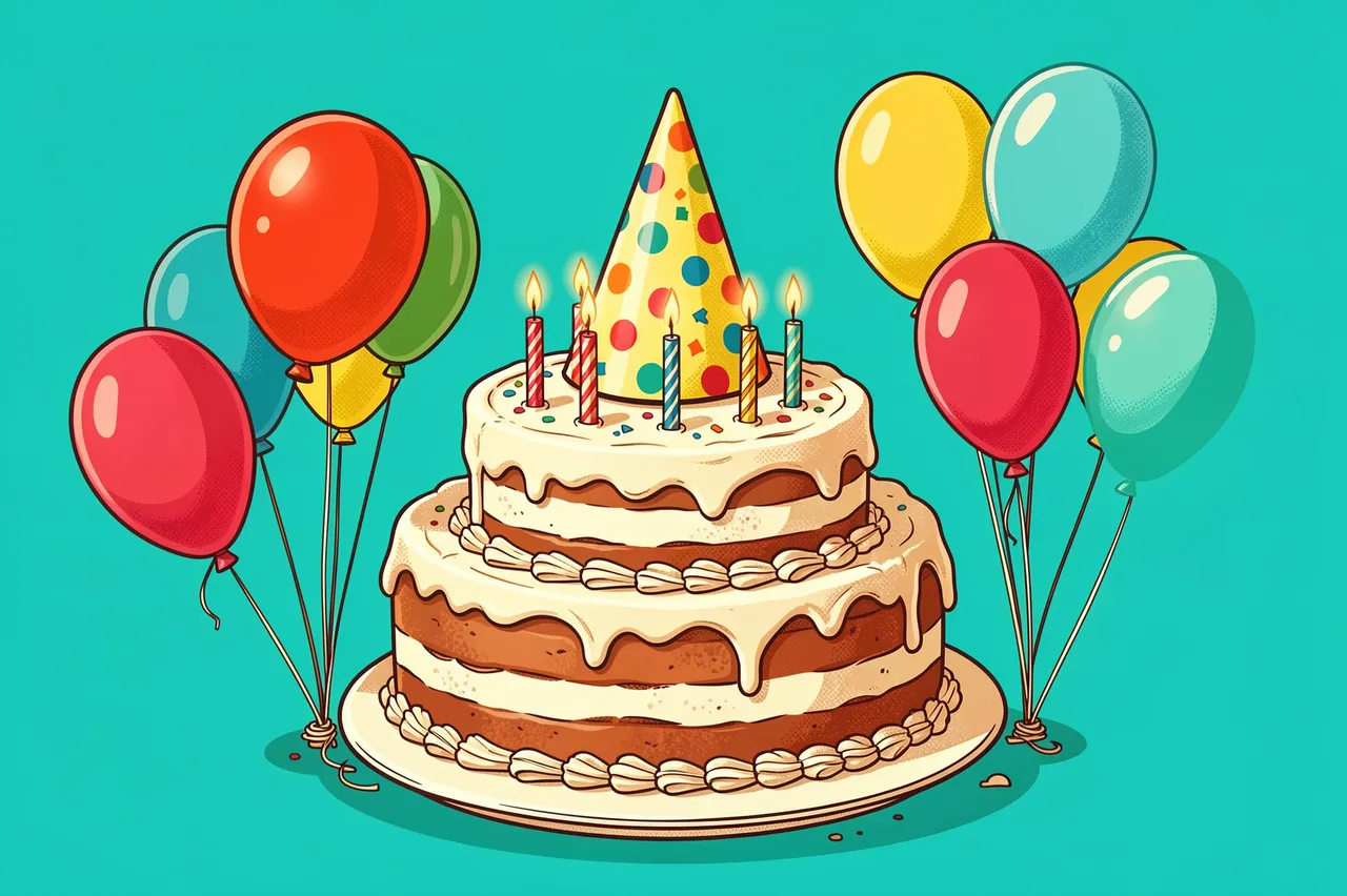 Retro styled two tier birthday cake with lit candles, party hat and balloons on a turquoise background