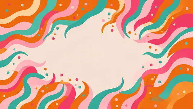 Flat vector border of wavy orange, pink and teal streamers and dots surrounding an empty light center space