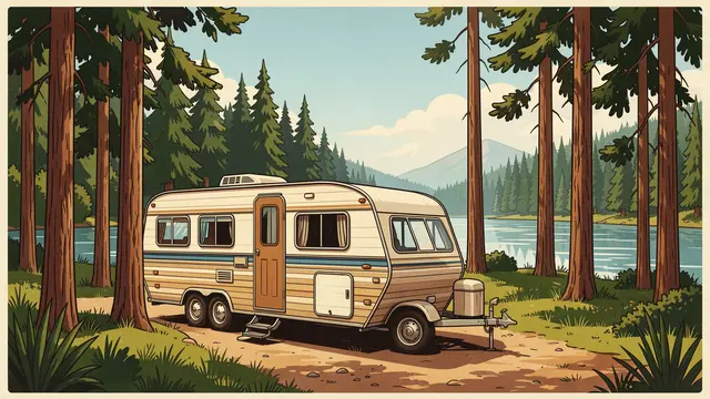 Vintage mid-century camping trailer parked on a dirt path beside a calm lake surrounded by tall pine trees