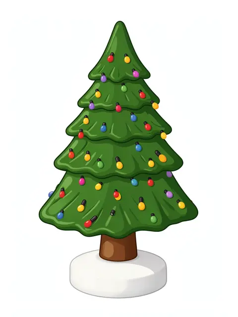 Flat clipart illustration of a retro ceramic Christmas tree with colorful bulbs on a round white base, isolated on a white