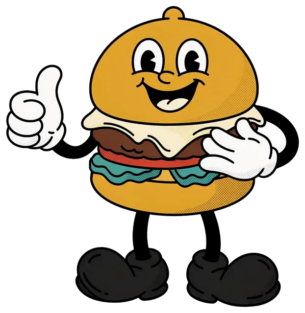 1930s rubber hose cartoon cheeseburger mascot giving a thumbs up with a friendly smile