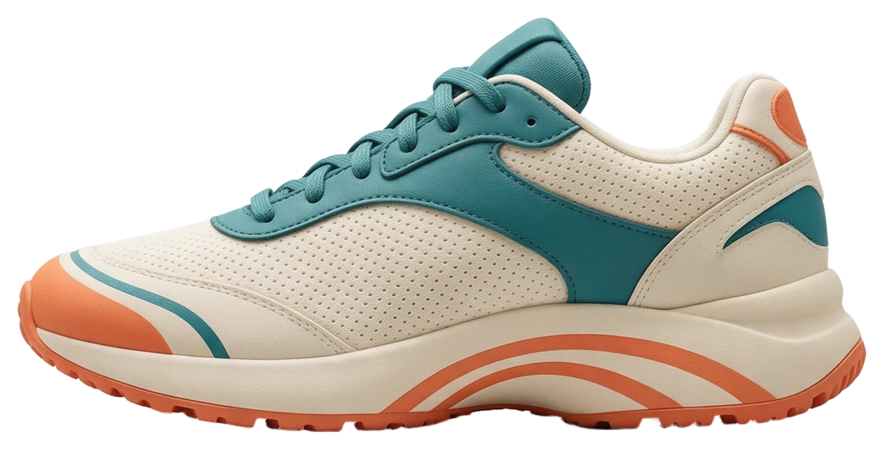 Side profile view of a chunky retro trainer in cream, teal, and coral colours