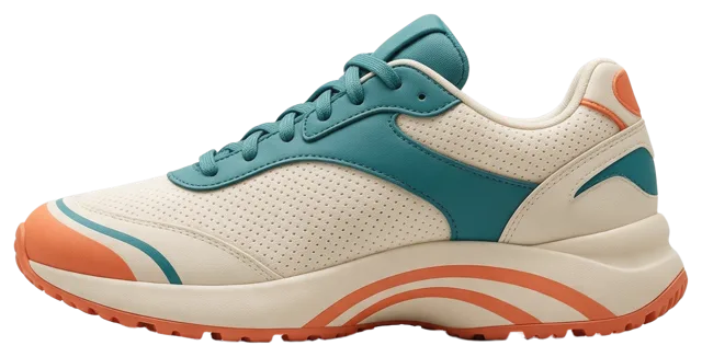 Side profile view of a chunky retro trainer in cream, teal, and coral colours