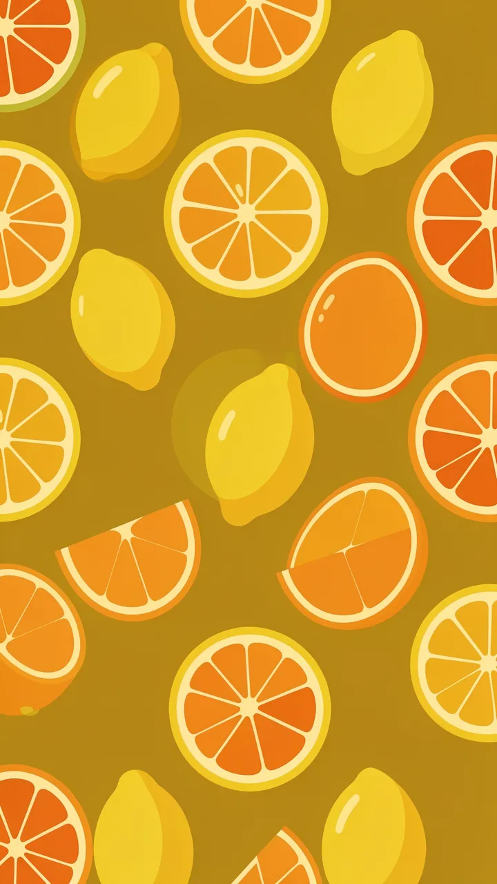 Groovy flat 70s style illustration of whole lemons and citrus slices arranged on a warm mustard background