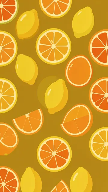 Groovy flat 70s style illustration of whole lemons and citrus slices arranged on a warm mustard background