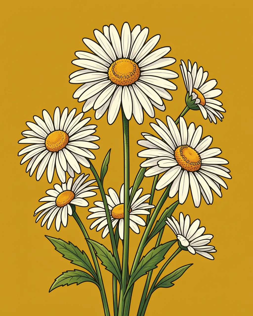 Groovy 70s-style illustrated daisy bouquet against a solid warm mustard background