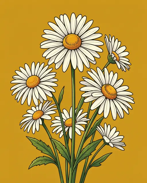 Groovy 70s-style illustrated daisy bouquet against a solid warm mustard background