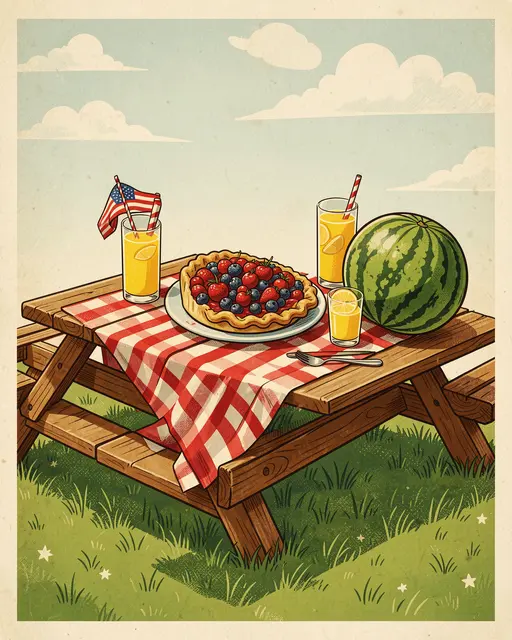 Vintage illustration of a wooden picnic table with a berry pie, lemonade, watermelon and US flags on a grassy lawn under a