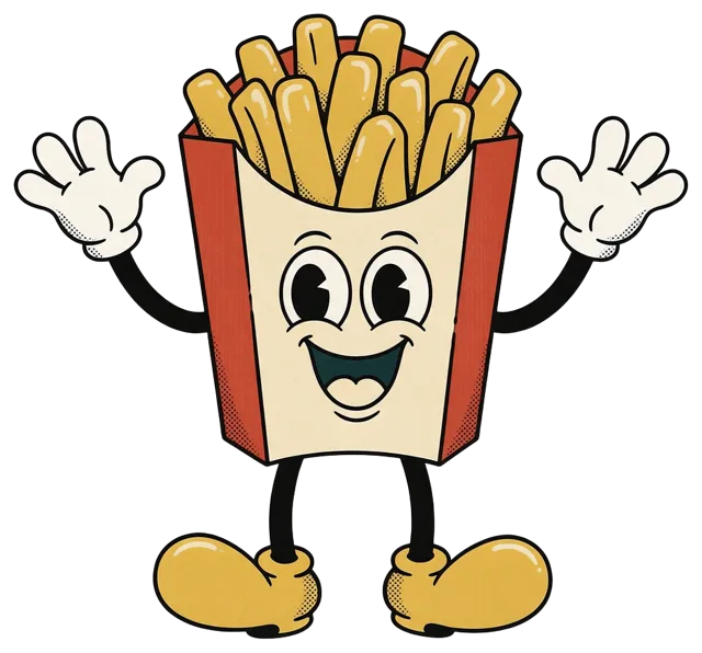 1930s rubber hose cartoon french fries mascot waving both hands cheerfully