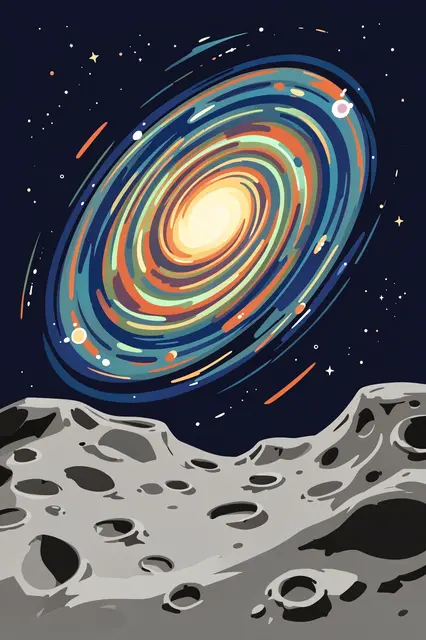 Colorful spiral galaxy hangs above a cratered gray moonscape in retro sci-fi illustration style