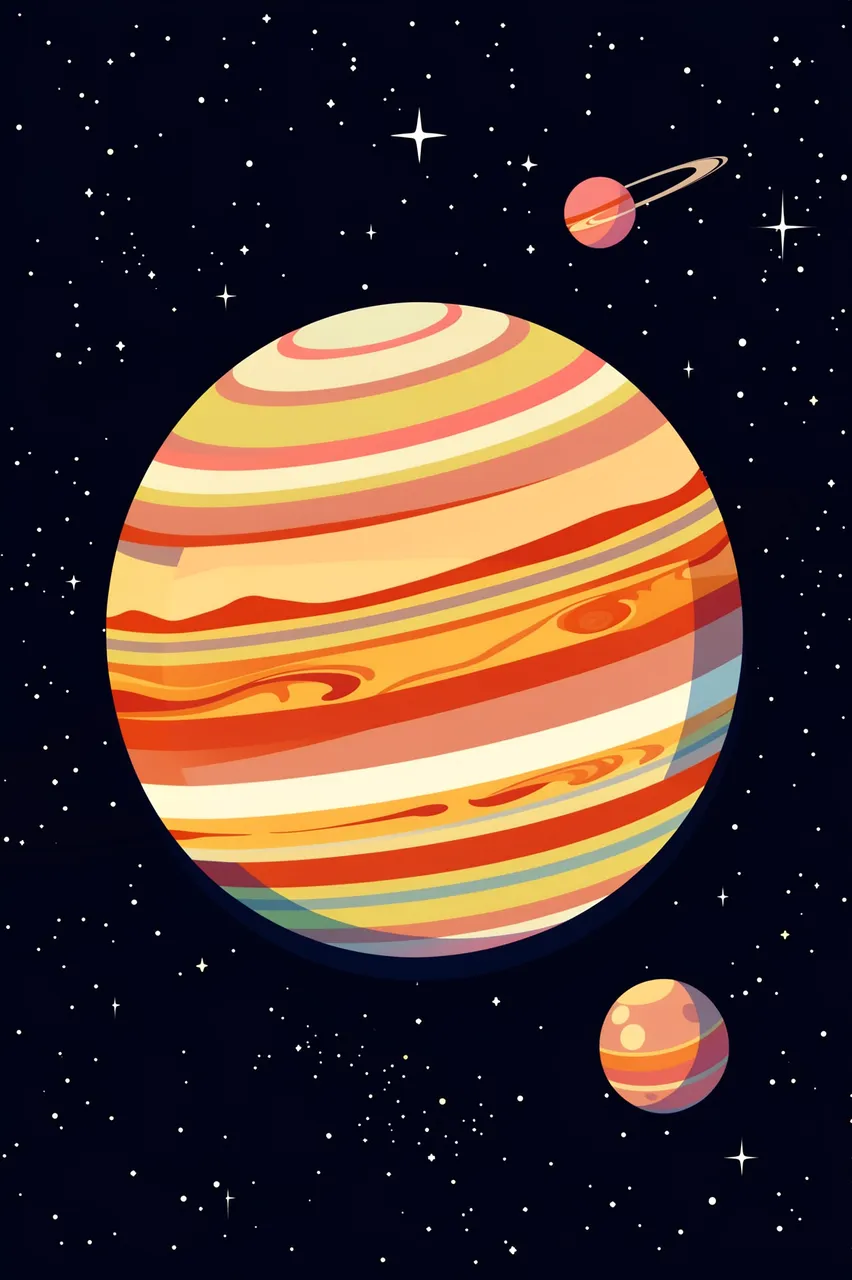 Flat retro sci-fi illustration of a banded gas giant and two small moons against a starry dark sky