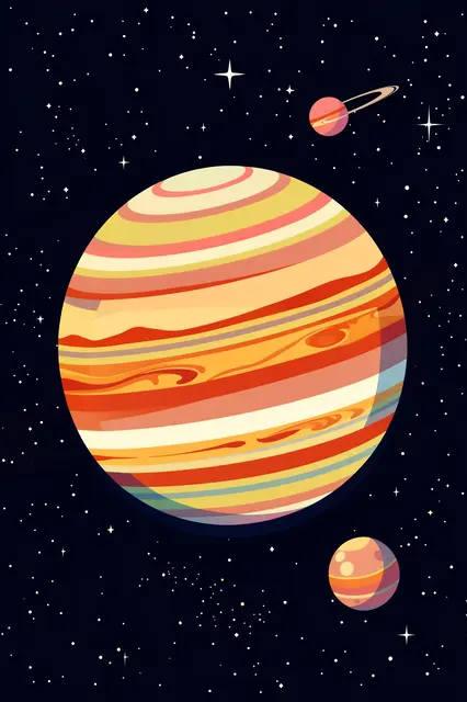 Flat retro sci-fi illustration of a banded gas giant and two small moons against a starry dark sky