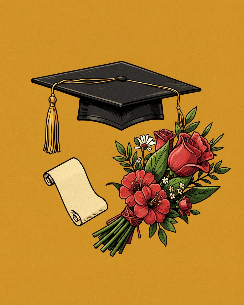 A retro illustrated graduation cap, scroll diploma, and flower bouquet sit against a solid mustard background