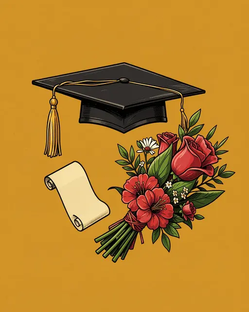 A retro illustrated graduation cap, scroll diploma, and flower bouquet sit against a solid mustard background