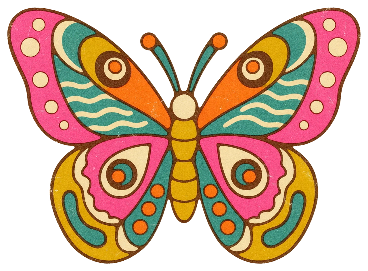 1970s style groovy butterfly illustration with patterned rounded wings and bold outline