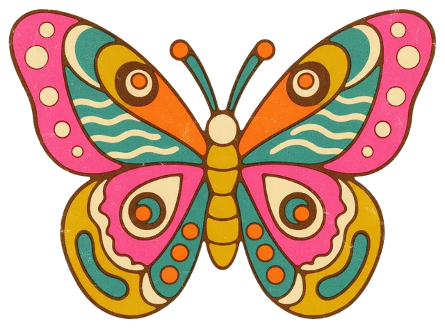 1970s style groovy butterfly illustration with patterned rounded wings and bold outline