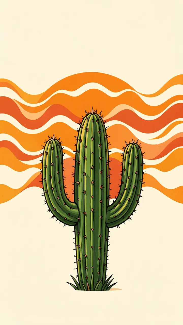 A stylized saguaro cactus sits in front of a wavy orange retro sun on a cream background.