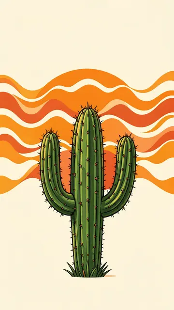 A stylized saguaro cactus sits in front of a wavy orange retro sun on a cream background.