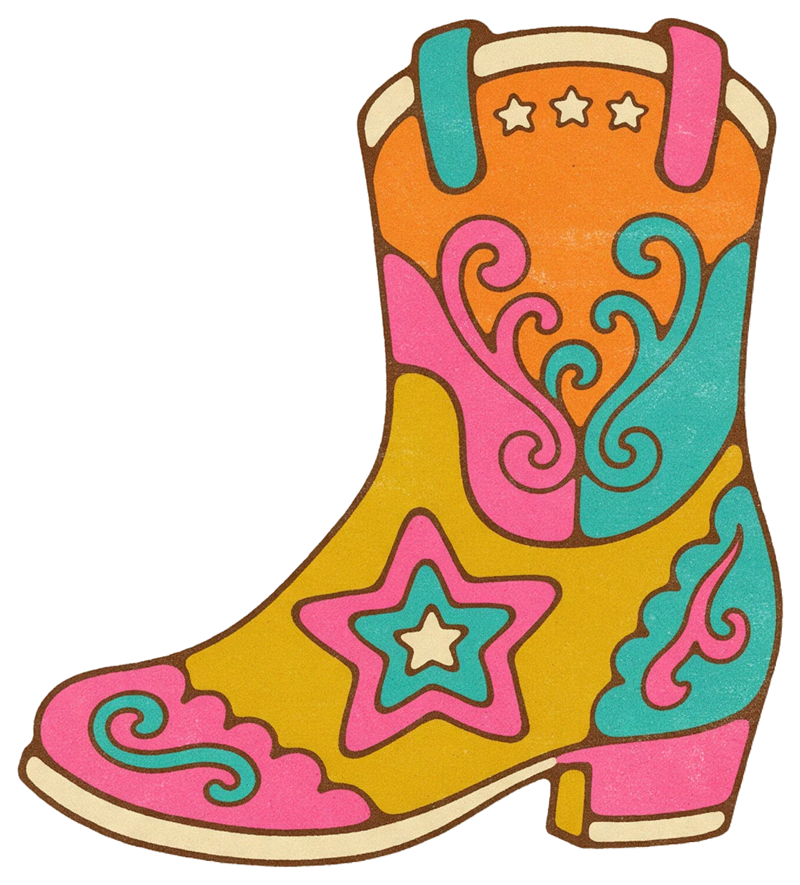 1970s screen print style illustration of a decorated cowboy boot with star motifs