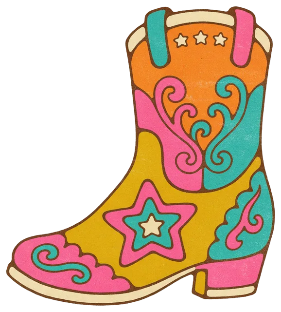 1970s screen print style illustration of a decorated cowboy boot with star motifs