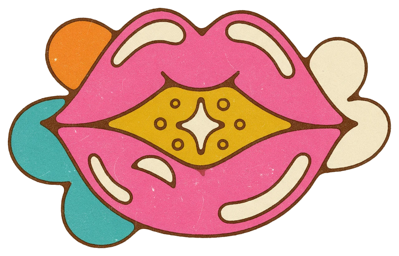 1970s screen print style illustration of groovy glossy lips with a central sparkle and decorative flourishes