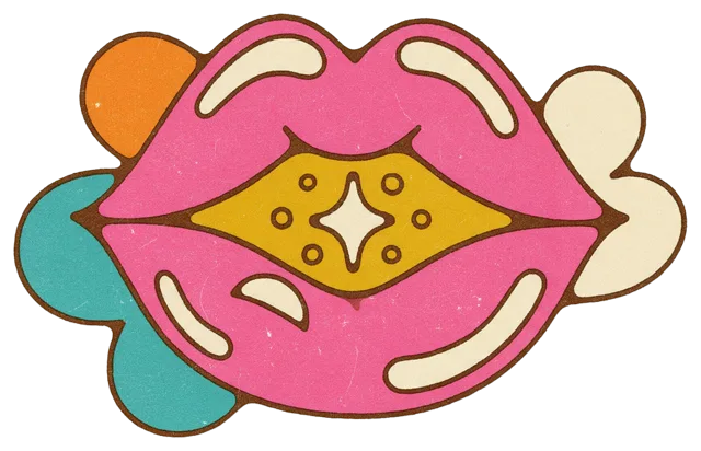1970s screen print style illustration of groovy glossy lips with a central sparkle and decorative flourishes