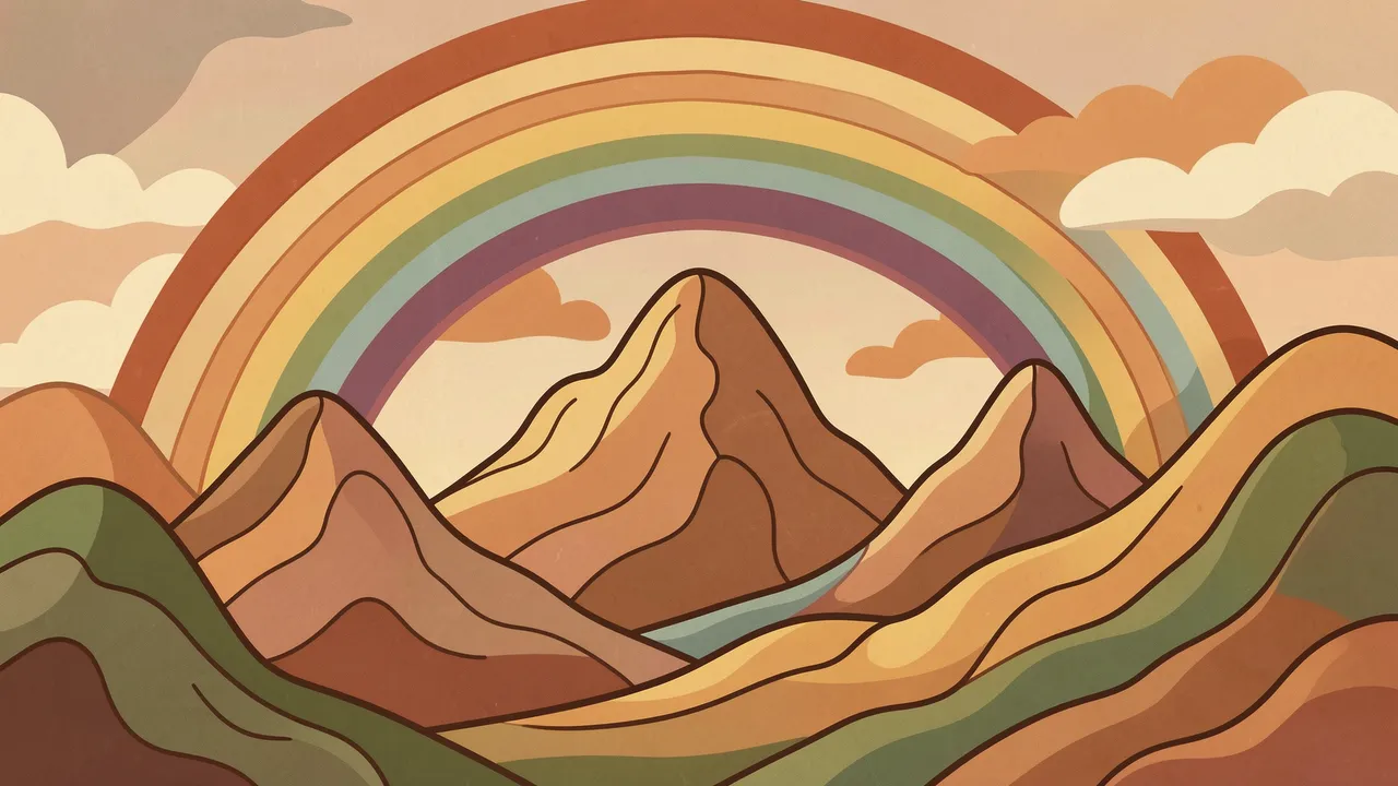 70s style wavy line illustration of rolling mountains under a wide earthy tone rainbow with soft clouds