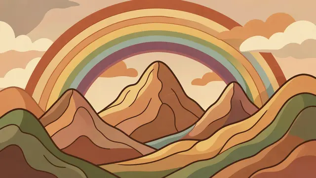 70s style wavy line illustration of rolling mountains under a wide earthy tone rainbow with soft clouds
