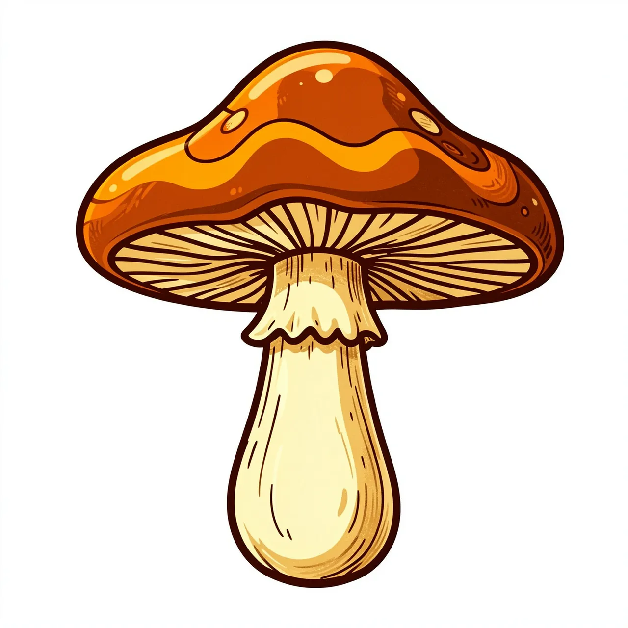 A stylized 70s groovy illustration of a wavy-capped mushroom in warm orange and brown tones against a plain white background