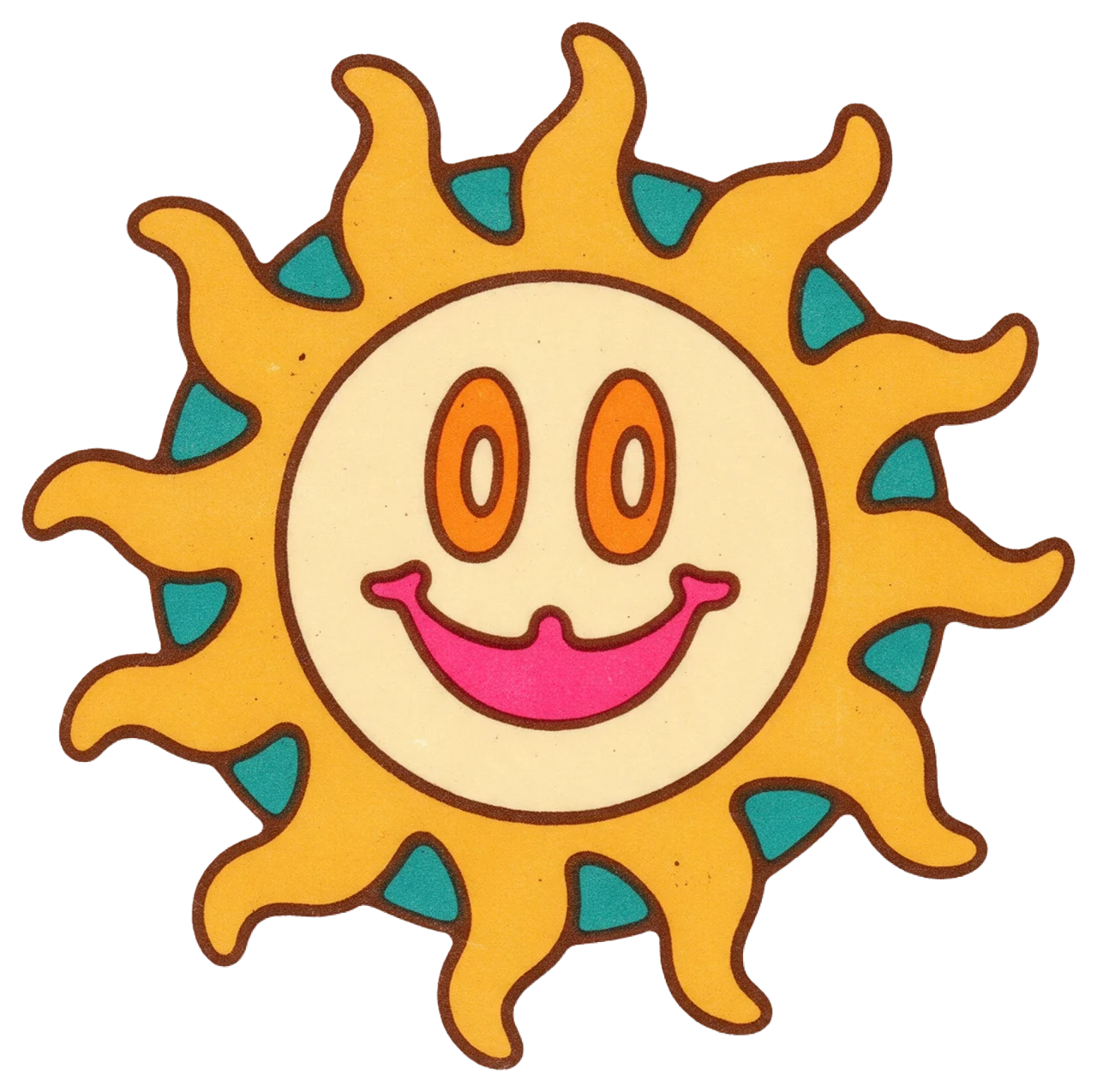 1970s groovy screen print illustration of a smiling sun with wavy rays