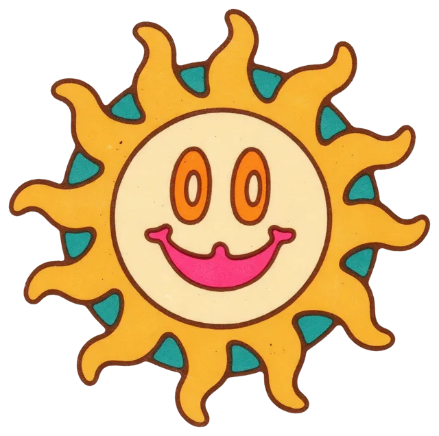 1970s groovy screen print illustration of a smiling sun with wavy rays