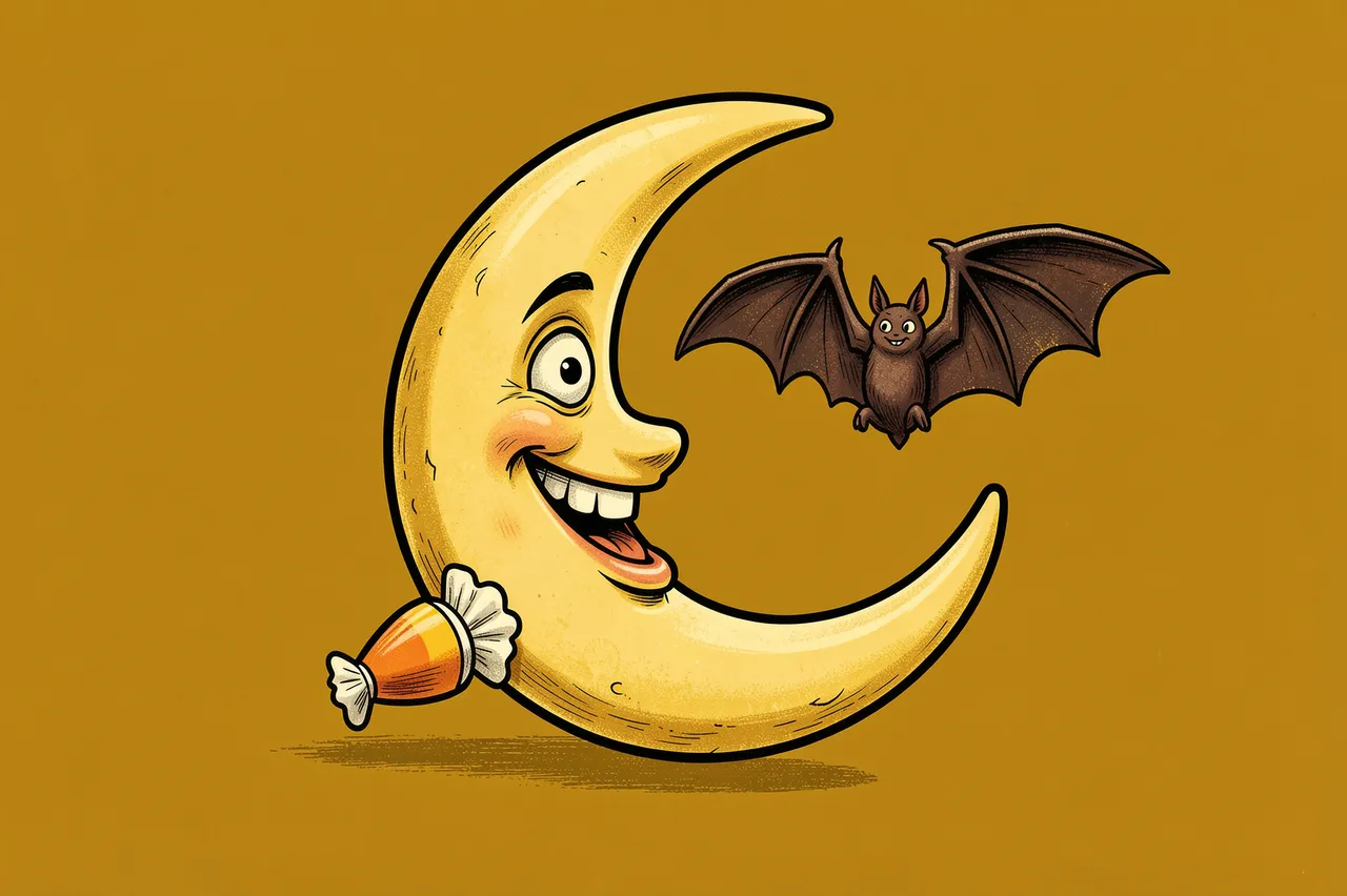 Grinning anthropomorphic crescent moon, one bat, and wrapped candy sit on a mustard yellow background