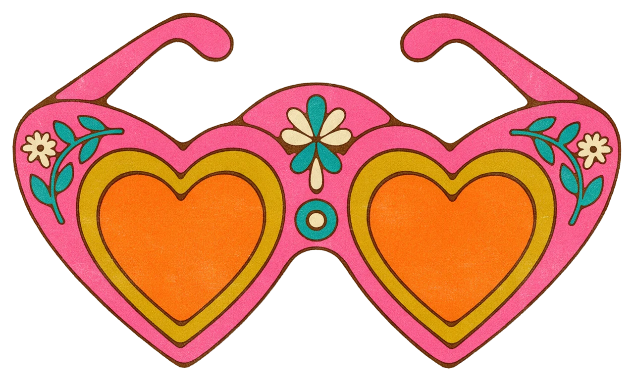 Groovy 1970s style illustration of decorated heart-shaped sunglasses with floral details