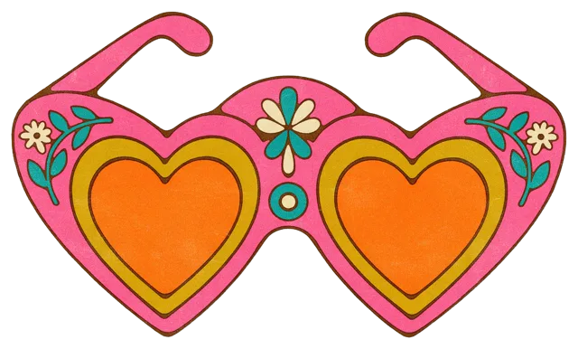 Groovy 1970s style illustration of decorated heart-shaped sunglasses with floral details